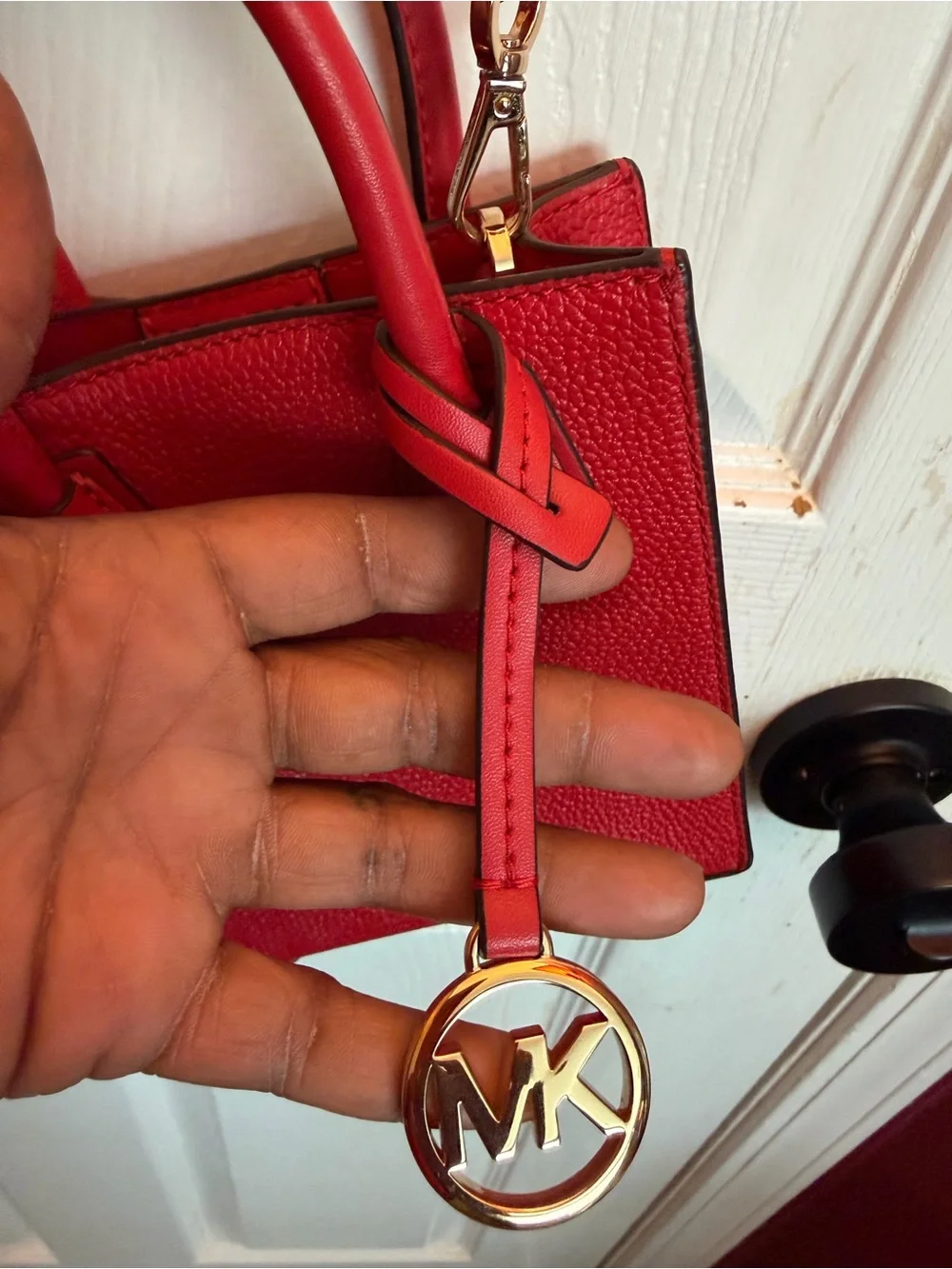 Michael Kors Red Pebbled Leather Mini Tote with Gold MK Charm